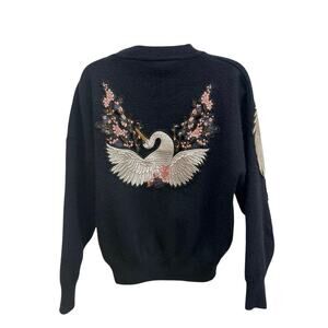 Vtg Blk Cardigan Sweater Wings Swan Embroidered Patches Zip up women’s S/M